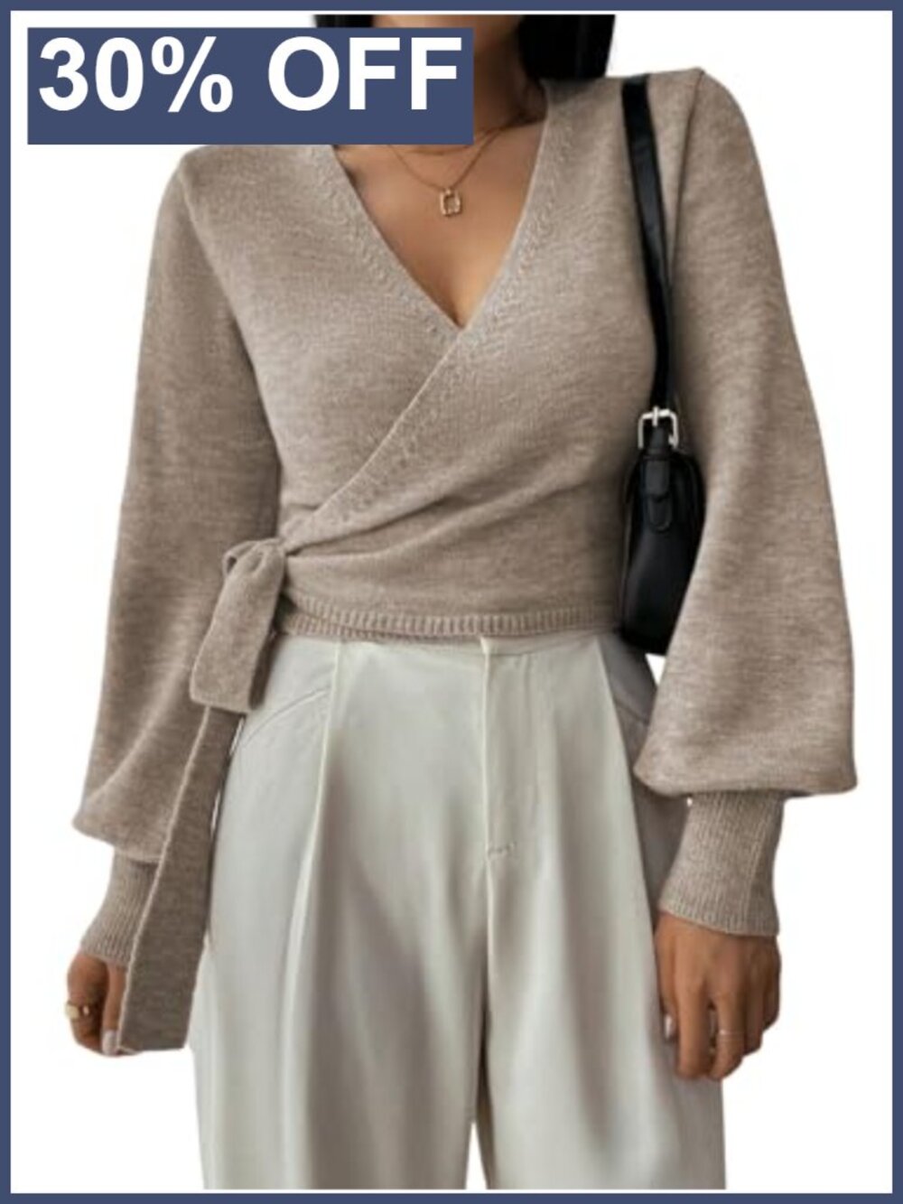 Women's V Neck Cropped Sweater Wrap Bishop Sleeve Knit Pullover